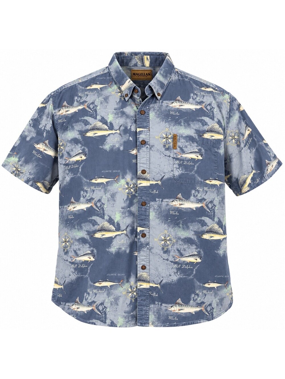 Magellan Sportswear Mens XXL Blue Fish Print Cotton Short Sleeve Button Up Shirt